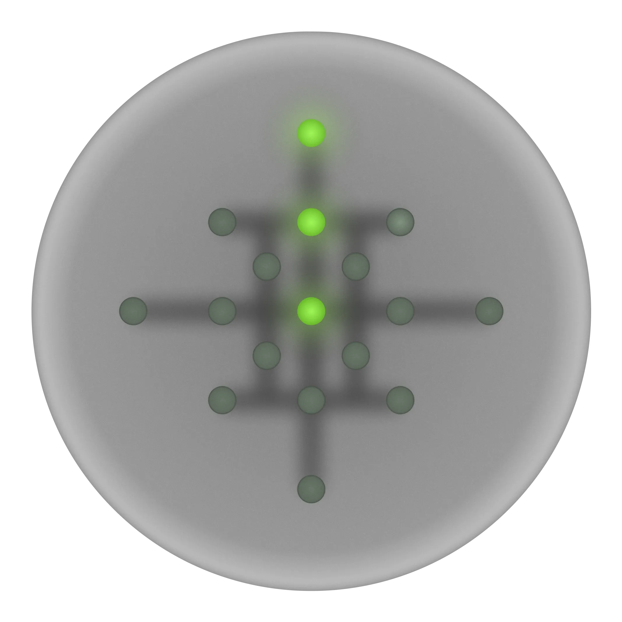 rounded clear object with a dot pattern, three dots pointing upwards are glowing